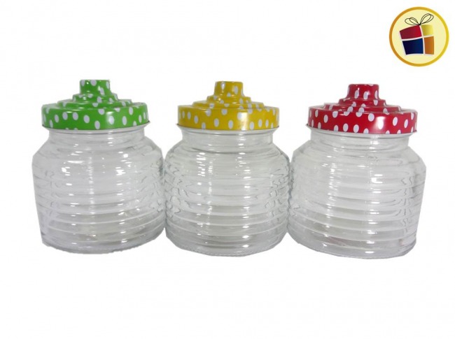 FRASCO DE VIDRIO TALLADO RAYAS HORIZONTALES C/TAPA COLOR LUNARES 14X11 (953505/02-0032G-13-AE)