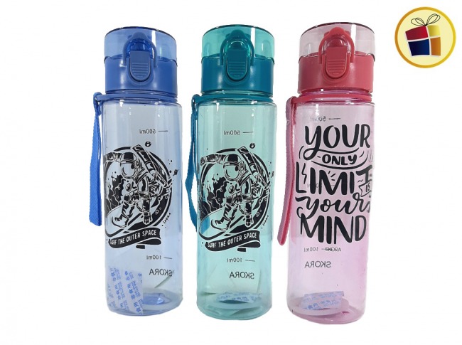 BOTELLA DEPORTIVA PLASTICA CON TAPA CLIC FRASES Y ESTAMPADO 500ML MODAX (28978/29955/299559)