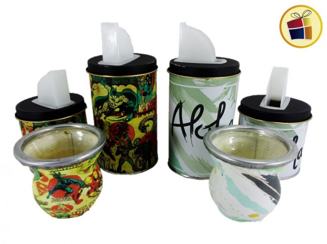 SET DE MATE VIDRIO + VERTEDOR LATA PINTADA ESTAMPADAS DE 8.5 Y 13.5CM MATE FABI (002415/1358)